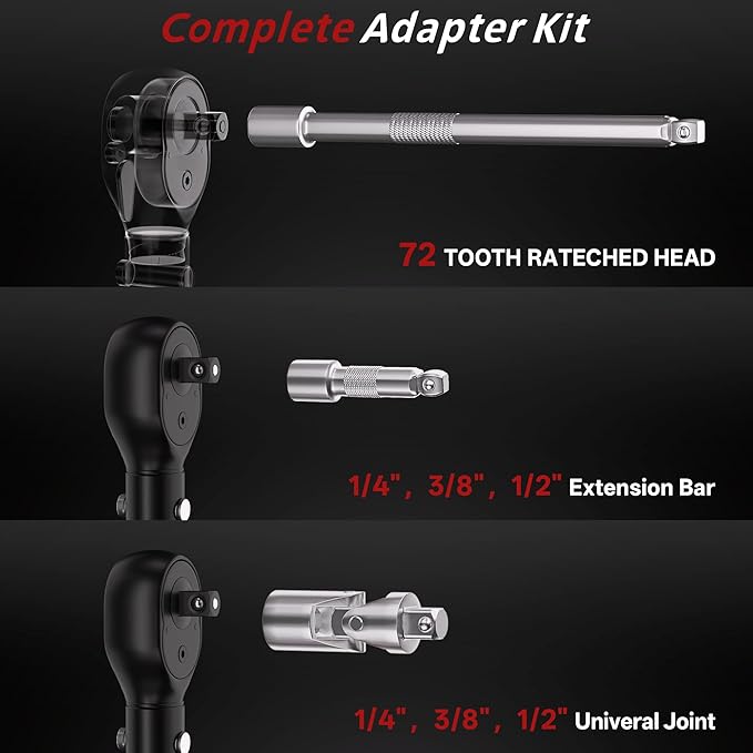9pcs Click Torque Wrench Set, CNC Machining Handle, 1/4" 3/8" 1/2" Drive Dual-Direction Adjustable, 4-20Ft.lb / 5-45Ft.lb / 15-165Ft.lb, Dual-Scales ±3% Accuracy for Bicycle Motorcycle Car