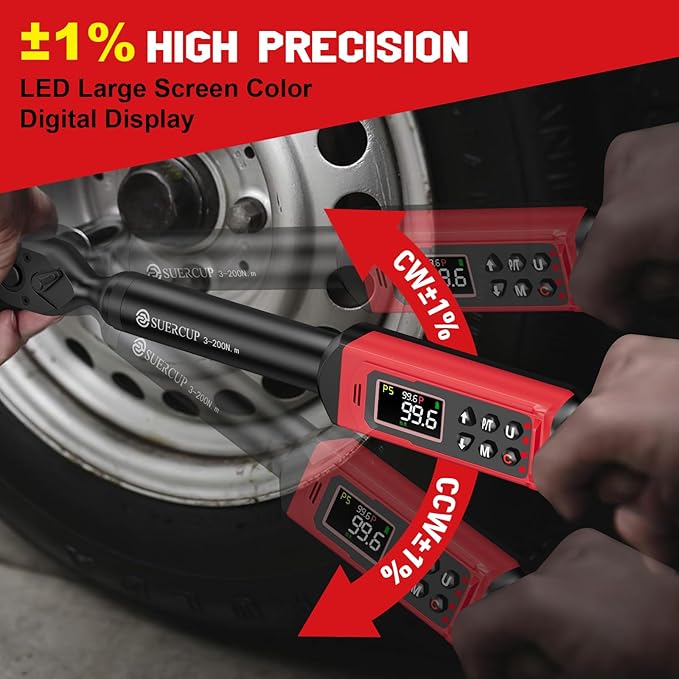 1/2-inch Drive Digital Torque Wrench(2.2-147.5Ft.Lb/3-200N.m), ±1% Accuracy Digital Torque Wrench with Buzzer and LED Alarm,9 Preset Mode and Four Units of Measure for Car, Moto and Bike, DIY