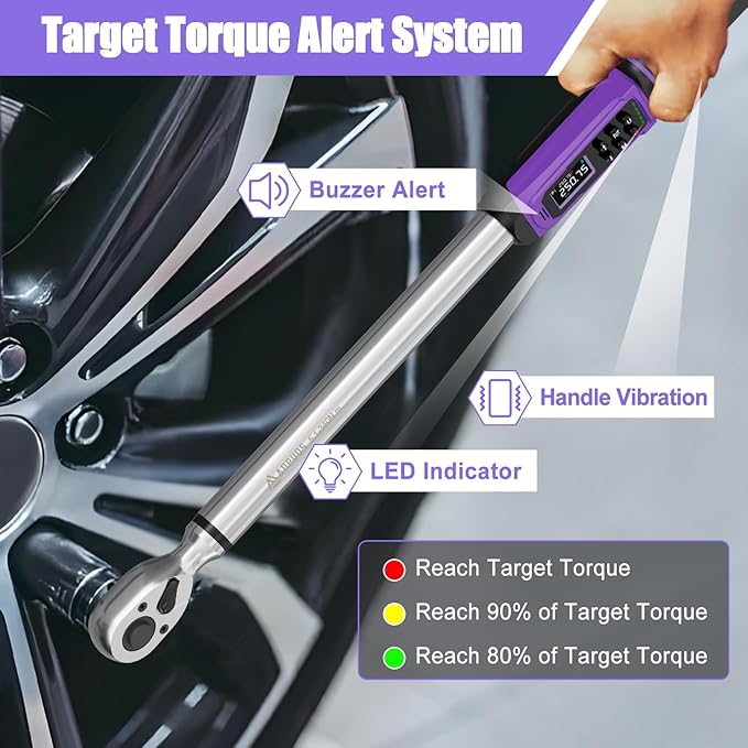 Digital Torque Wrench 1/2 Drive (3.76-250.75 Ft-lb/5.1-340 Nm), Inch Pound Torque Wrench Digital with ±1% Accuracy, Vibration, Buzzer LED, Electronic Torque Wrench Set for Motor Car Truck