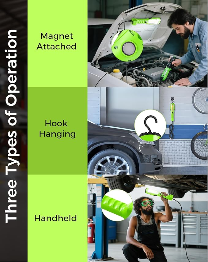 18W LED Work Light, 25FT 2000LM COB LED Light, Handheld Underhood Trouble Light with Cord 16 Gauge SJTW, Swivel Hook, for Garage, Workshop, Car Repair Scene, ETL Listed, Green J04WL06