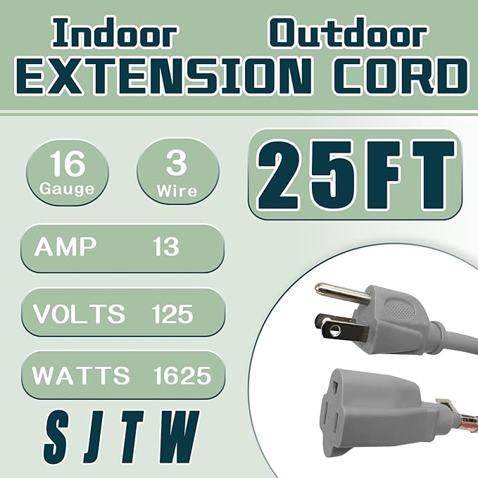 Indoor Outdoor Extension Cord 25 FT, 16/3 SJTW Weatherproof Grey Electrical Cords, 13 AMP Heavy Duty 3 Prong Power Cable Great for Garden, Landscaping & Holiday Decorations