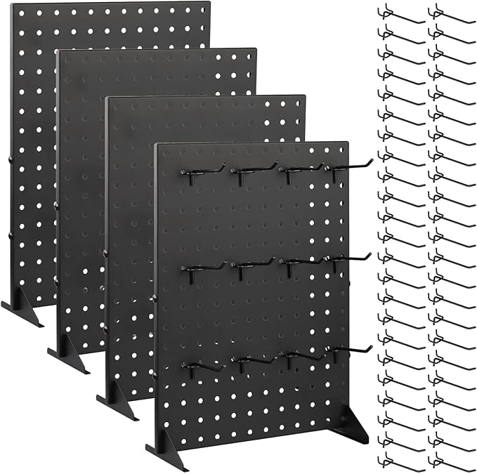 4 Pack Metal Pegboard Display Stand with 48 Peg Hooks, Desk Pegboard Panels Rack for Home, Office, Boutique, Retail Stores, Vendors & Events(17×13 Inch, Black)