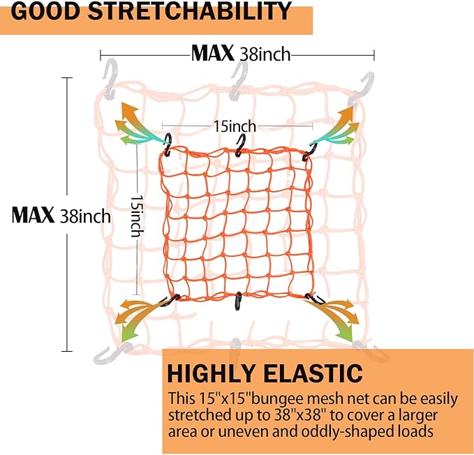 Small Cargo Net 15"x15" Stretches to 30"x30" with Thicken Hooks | Natural Latex Core, Tight 2”x2” Mesh Heavy Duty Bungee Net for Motorcycle Helmet, Bike, ATV, UTV, Luggage