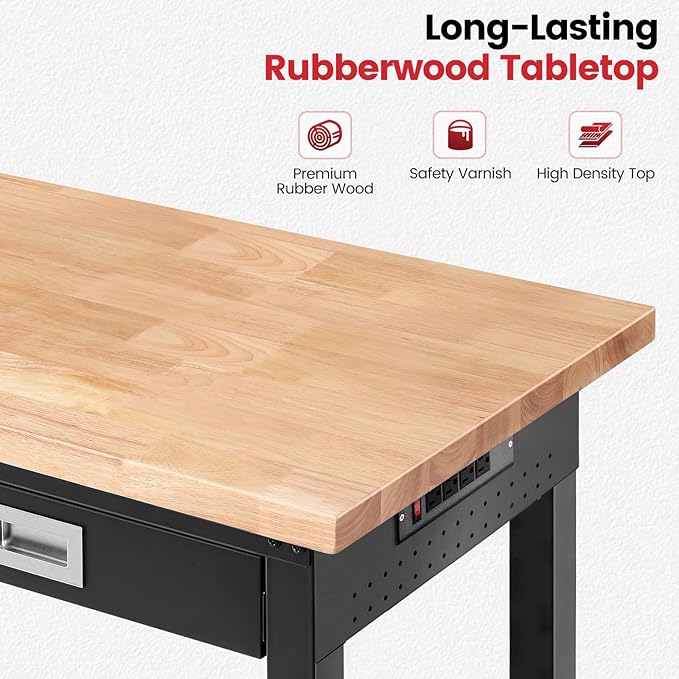 ENJOYWOOD 48" x 24" Heavy Duty Workbench Adjustable Height Garage Work Table with Solid Rubberwood Top, Drawer & Power Outlets for Workshop, Home & Office