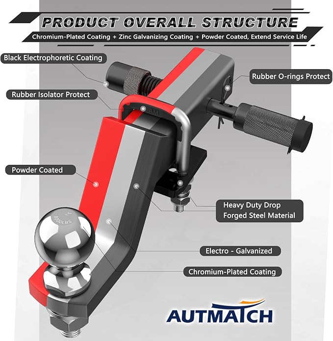 AUTMATCH Trailer Hitch Ball Mount with 2 Inch Hitch Ball - Fits 2" Receiver with Hitch Tightener, 8000Lbs Capacity Ball Hitch, 4-Inch Drop with 5/8" Hitch Lock Pin, Red
