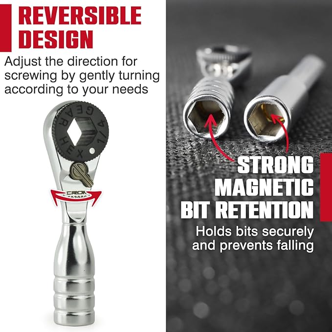CROM 1/4-inch Mini Ratchet Wrench - Use As 1/4 Bit Ratchet, Extender, T-Handle Or 4-Inch Micro Ratchet, Reversible Switch, Magnetic Bit Retention, Small EDC Wrench To Fit In Tight Space
