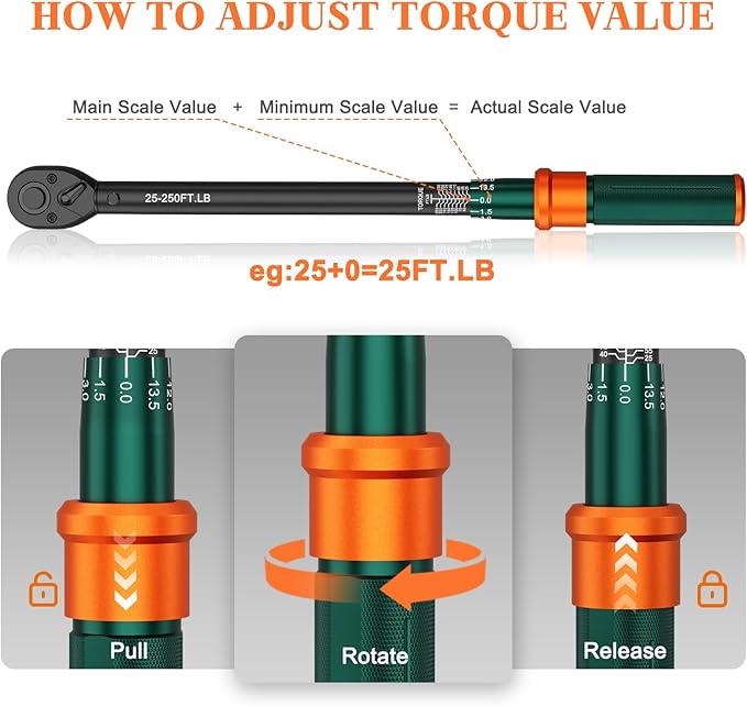 1/2 Drive Torque Wrench, 25-250 Ft-lb, ±3% High Accuracy Click Torque Wrench with 72-Tooth Dual-Direction Head for Tire Change, Lug Nuts, Automotive and Heavy Equipment Maintenance