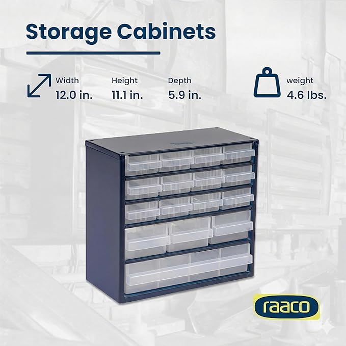 Raaco Steel Storage Cabinet, Compact 16-Drawer, Clear Polypropylene Plastic Drawer – Small Parts Organizer, Screws, Nuts & Bolts, Crafts & Hardware – Tool Cabinet for Workbench & Wall Storage (C6-16)