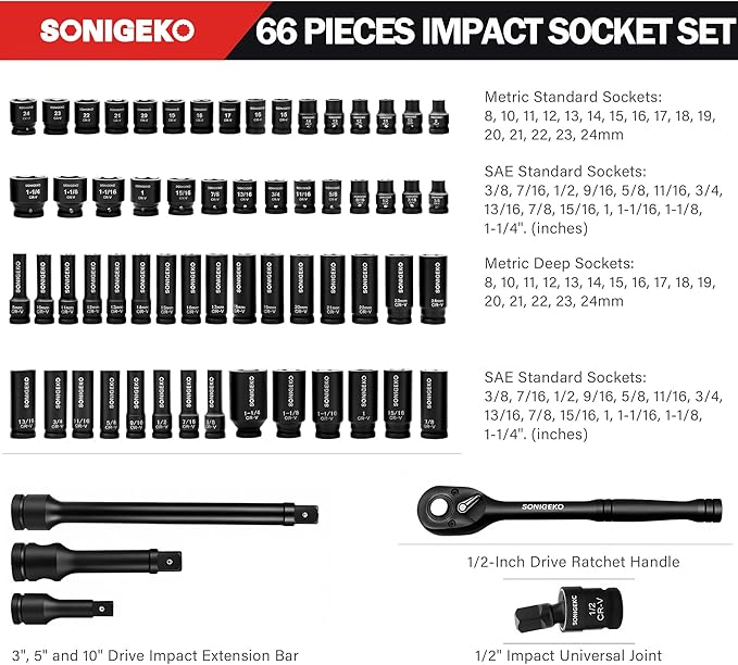 1/2" Drive Impact Socket Set,66-Piece 6 Point Deep&Standard, CR-V Steel Sockets with Drive Ratchet Handle, extension bar (Metric and SAE, 1/2" Socket Sets, 66pcs)