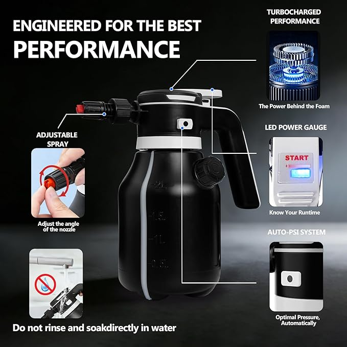 Upgraded Electric Foam Sprayer, 2L Cordless Rechargeable Battery Powered Foam Cannon Portable Foam Sprayer with Detergent Cup for Car Wash Truck RV Home Garden
