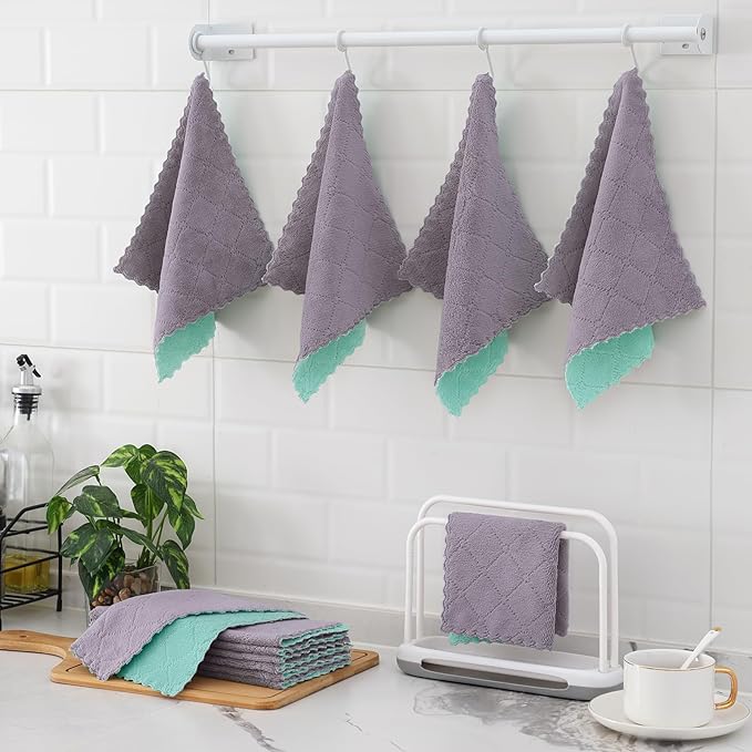 Mordimy 18 Pack Kitchen Cloths Dish Towels (10" x 10", Grey & Green), Super Soft and Absorbent Dish Cloths, Coral Velvet Microfiber Cleaning Cloth, Nonstick Oil Fast Dry Dishcloths
