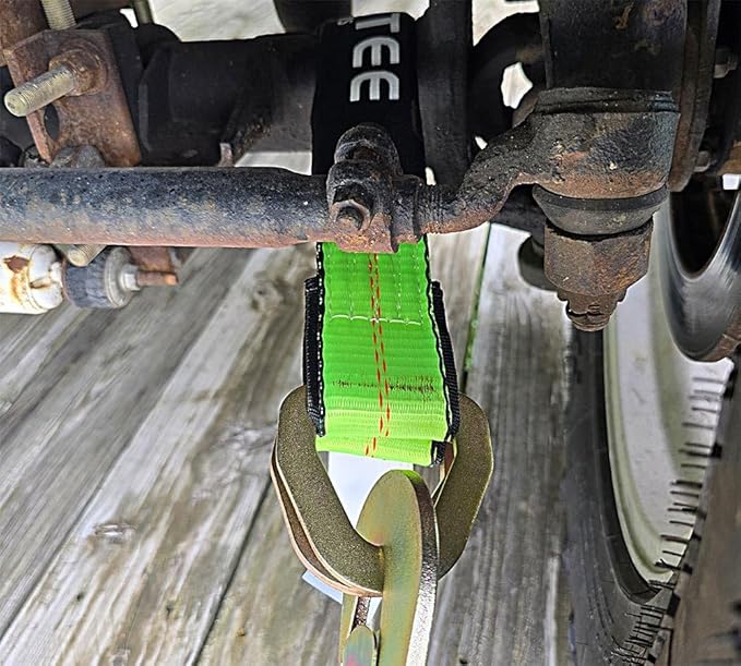 Mytee Products 8 Pack 2" x 36" Heavy Duty Green Tie Down Axle Straps with Magnetic D-Ring and 12" Protective Sleeve, 10,000LBS Capacity - for Car Trailer Hauler Tow Truck Wrecker Wheel Tie Down Strap