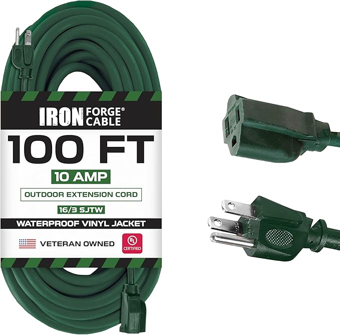 Iron Forge Cable Green Outdoor Extension Cord 100 FT - 16/3 SJTW Weatherproof Long Extension Cord for Outside with 3 Prong - 16 Gauge 100 Foot for Yard, Gardens, Landscaping - UL Listed