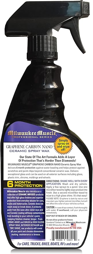 22oz Graphene Ceramic Coating Detail Spray Wax - Milwaukee Muscle - The Best Protection Against Scratches, Swirls, Paint Chips, No Buff, 6 month Protection, Insane Shine, & Stronger than Car Wax