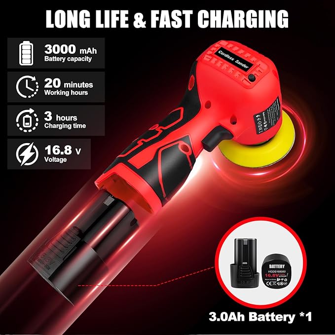 Cordless Sander, 3" Palm Sander with 16.8V 3.0Ah Li-ion Battery, 3500RPM Mini Polisher, 19 Accessories Sanders Tool for Sanding/Polishing/Waxing/Cleaning