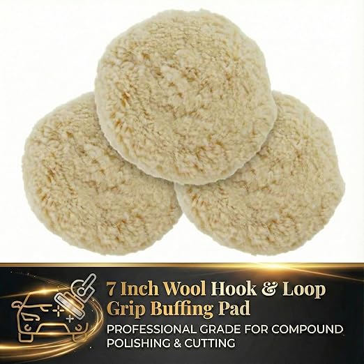 Woolous Wool Buffing Pads 7 Inch, 3 Pack - 100% Natural Wool Pads for Buffing, Polishing & Compounding Cars, Boats, Trucks, RVs, Motorcycles & Metal Surfaces - Hook & Loop for Quick Attachment
