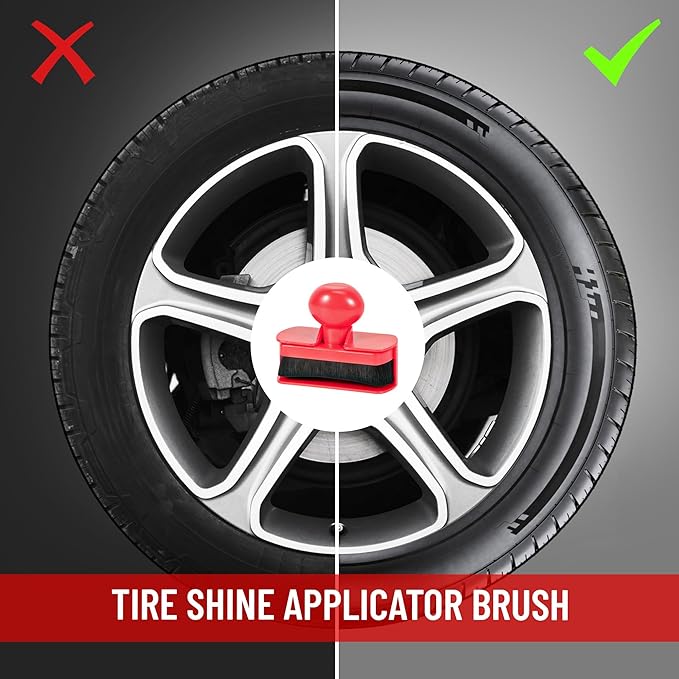 Large Tire Shine Applicator Brush,Vegan Tire Shine Applicator with Curved Brush Head - Automotive Tire Dressing Applicator Brush with Storage Stand for Tire Detailing, 3.6 Inch Length (Red)