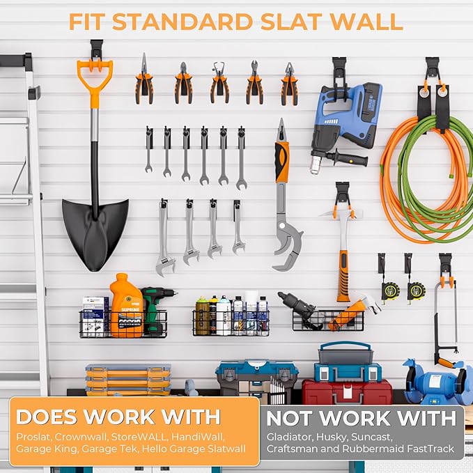 INCLY 27PCS Slatwall Accessories Kit, Includes 3 Pack Ventilated Metal Wire Slat Wall Baskets, Multisized Heavy Duty Slatwall Hooks and Storage Strap for Room Workshop Garage Organization