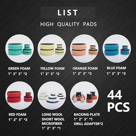 44-Piece Polishing Pad Kit for Drill & Polisher - Foam, Wool, Microfiber Buffing Pads with Backing Plate & Adapter, Car Detailing Supplies for Beginners & Professionals