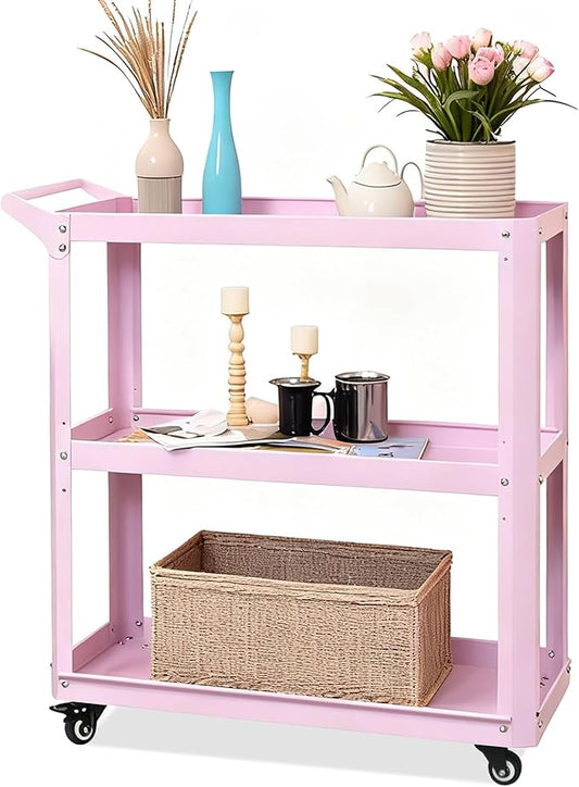3 Tier Metal Utility Rolling Cart with Wheels, Heavy Duty Storage Organizer Trolley Cart for Kitchen, Bathroom, Office, Bedroom – Multi-Purpose 330Lbs Capacity Utility Cart on Wheels, Pink