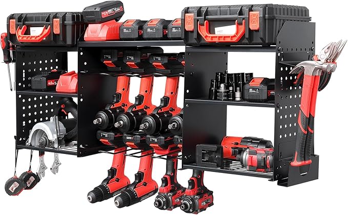 3 layers power tool organizer Loads 150lbs with 8 Cordless Drill Holder and 8 Outlet Power Strip,it’s good choice for husband birthday gift,black