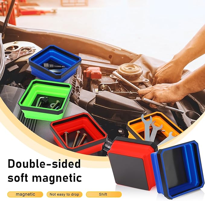 Barydat 10 Pcs Magnetic Tool Tray Collapsible Foldable Parts Trays Set Magnetic Screw Tray Magnetic Parts Bowl Square Silicone Magnetic Tool for Bolts Nuts Washers Pins Screw Parts (Classic Color)