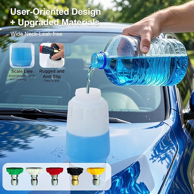 Foam Cannon, 1 Liter Heavy Duty Snow Foam Lance - Professional Car Foam Blaster with Wide Neck & 1/4" Quick Connector, 5 Pressure Washer Nozzle Tips Included