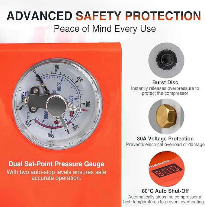 PCP Air Compressor, Max 5800 PSI / 40 MPa,350W High Pressure Portable Pump, Water & Air Cooling, Dual Auto-Stop Gauge, 12V DC & 110V AC, for Air Rifles, Paintball Tanks, HPA Cylinders, Orange