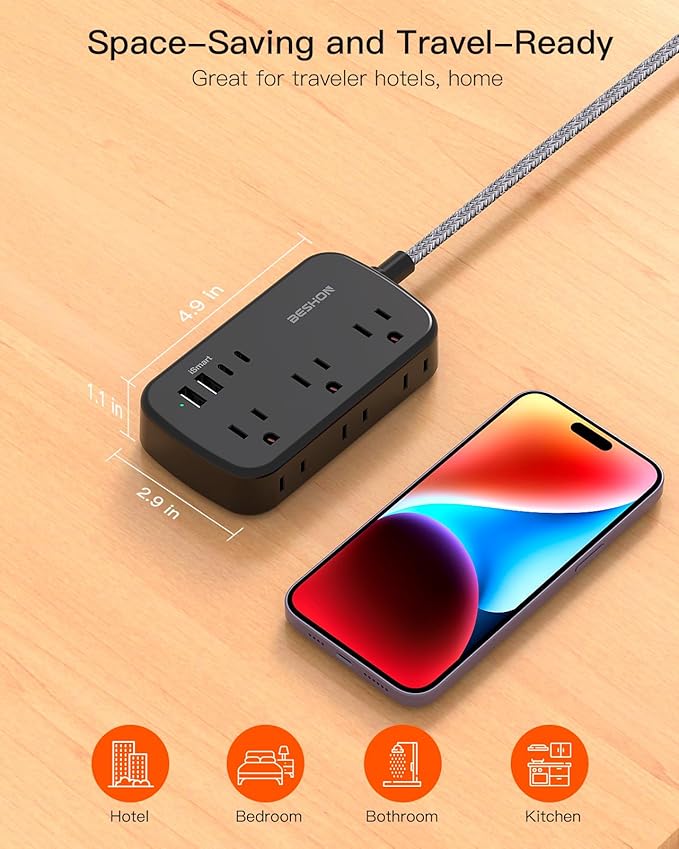 Black Extension Cord, BESHON 5FT Flat Plug Power Strip with USB C, 6 Outlets 4 USB Port(2 USB C), No Surge Protector, Cruise Ship, Dorm Room Travel Essentials