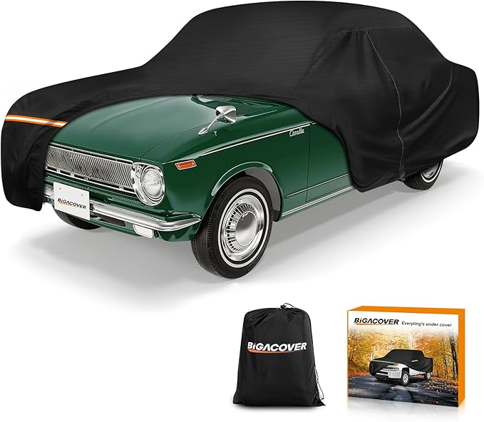 Car Cover for Toyota Corolla 1966-1981 E10-E60 / Pontiac T1000 1981-1987, Waterproof 420D Oxford Cloth Outdoor Full Car Cover with Zipper, Windproof Heavy Duty All Weather Protection