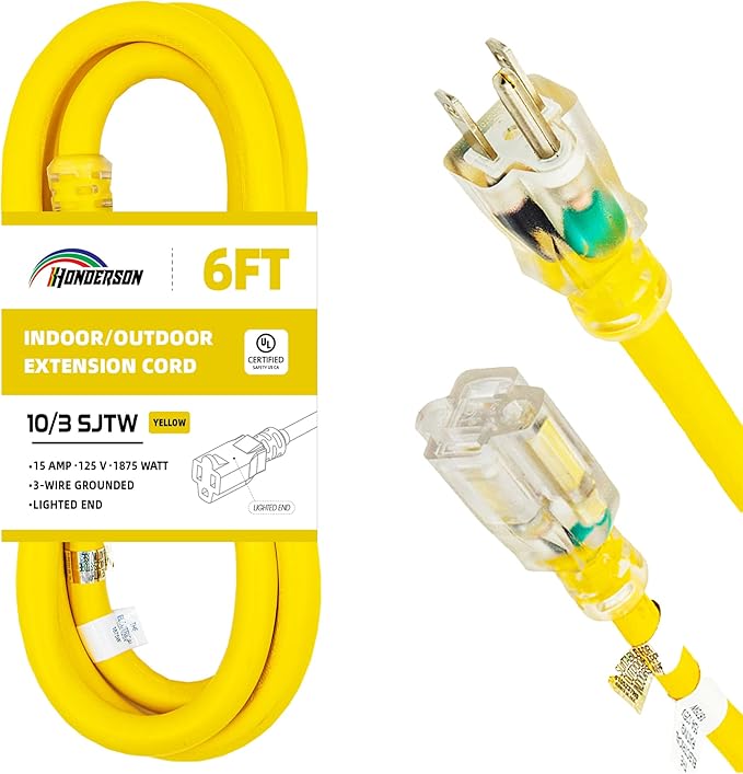 Indoor Outdoor Extension Cord Weatherproof with Lighted End, UL Certified, 10 Gauge 6FT Yellow 3 Prong Heavy Duty, 10/3 SJTW 15A Power Cord for Outdoor Lights, Lawn
