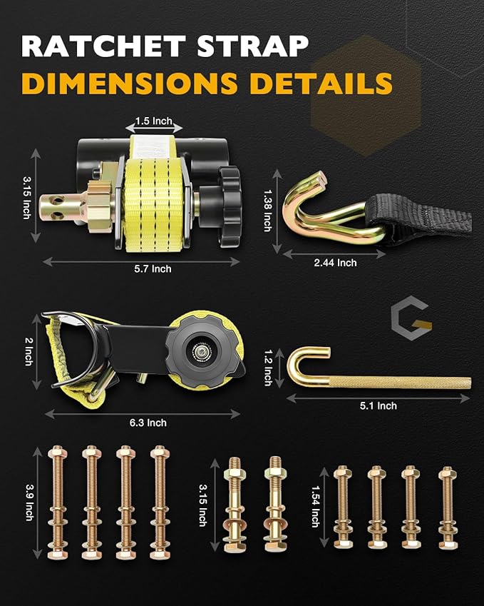Ladder Rack Straps, W/J-Hook (2PCS), 2" Black Round Tube Mount, 1.5" Wide x 7.5' Long, Yellow Ladder Rack Ratchet Straps, 500 lbs Load Heavy Duty, Truck/Lumber Rack Strap, Pipe/Roof Rack Straps