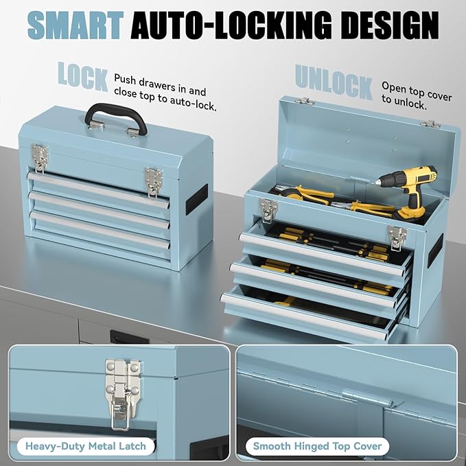 3-Drawer Tool Box, Tool Storage Cabinet, Tool Chest and Locking Mechanism, Metal Tool Cart for Garage Workshop and Room Use (Blue)