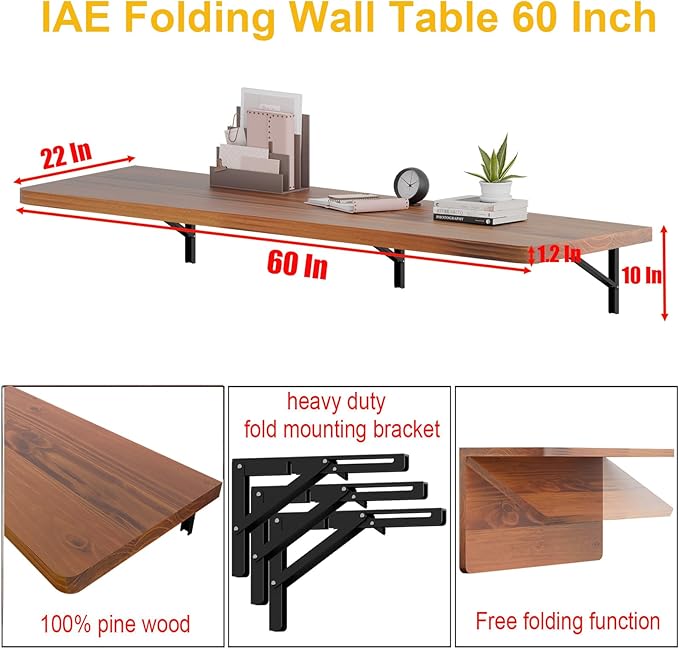 IAE Floating Wall Mounted Folding Table Desk with Pine Wood,60" x 22" Foldable Workbench,Fold Down Wall Mounted Foldable Desk with Shelf Brackets,Laundry Folding Table for Home,Dining,Kitchen,Teak