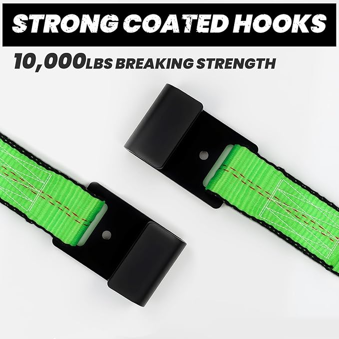 Tow Dolly Basket Straps with Flat Hook, 2 Pack Tow Dolly Strap Bonnet Net Fits 14"-19" Tires Wheels, 10,000 lbs Breaking Strength Heavy Duty Car Dolly Strap System, Waterproof Carrying Bag (Green)
