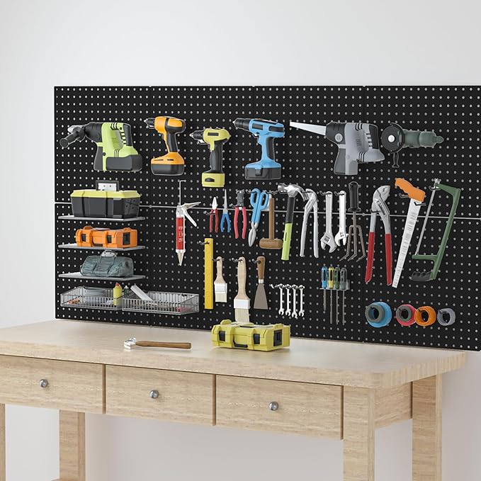 Pegboard, 4 PCS 16”×16” Large Heavy Duty Metal Pegboard Panels with Frame Black Peg Board Display Peg Boards for Walls, Display, Garage Tool Storage, Office Organization, Craft Room, Kitchen
