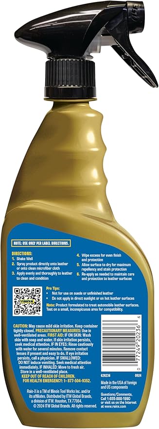 Rain-X 620236SRP Leather Cleaner Conditioner & Repellent for Car Interiors, Cleans + Repels while Moisturizing, Restores Leather to Natural, Fresh Scent without Residue 16 Fl Oz.