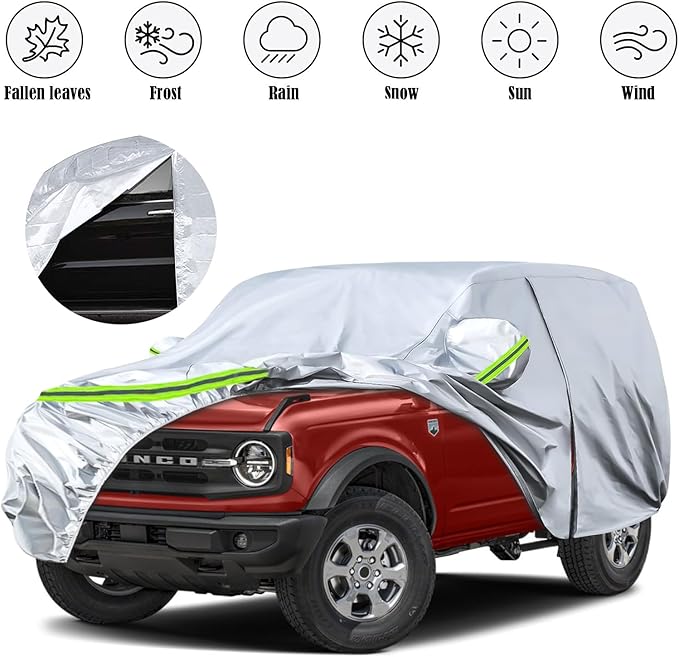 Waterproof Car Covers Replace for 2021-2025 Ford Bronco 2 Door, 6 Layers Silver All Weather Car Cover with Zipper Door & Windproof Bands for Snow Rain Dust Hail Protection