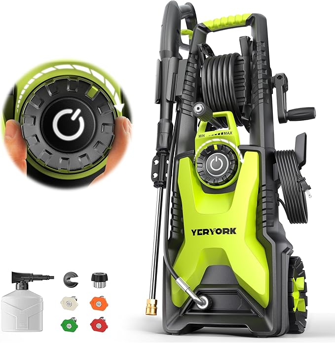 Adjustable 5000 Max PSI Pressure Washer, 2 Max GPM Power Washer with 33 FT Hose Reel, Steel Wand, 500ml Foam Cannon, 4-Nozzle Set, Electric Pressure Washer for Cars, Fences, Patios