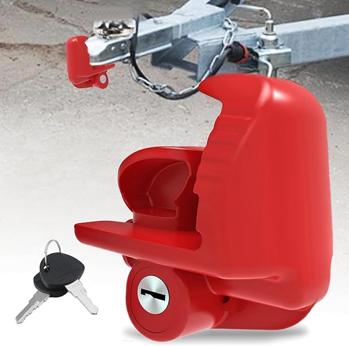 Heavy Duty Trailer Hitch Lock with Keys – Universal Coupler Lock Fits 1-7/8", 2", 2-5/16" Ball Hitches, Adjustable Steel Tongue Lock for Boat, RV, Camper & Truck, Anti-Theft Security, Red