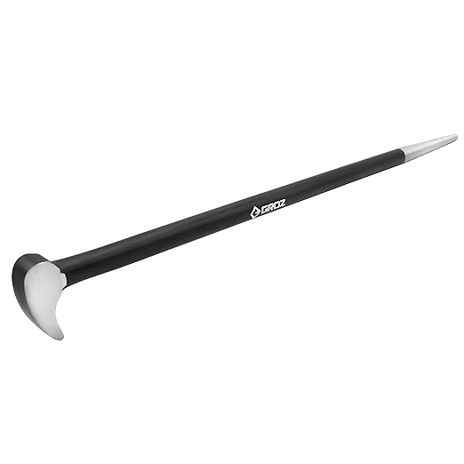 Groz 33152 16" Roll Head Pry Bar - Chrome Vanadium Steel, Heavy-Duty Forged Construction, Automotive Alignment Tool