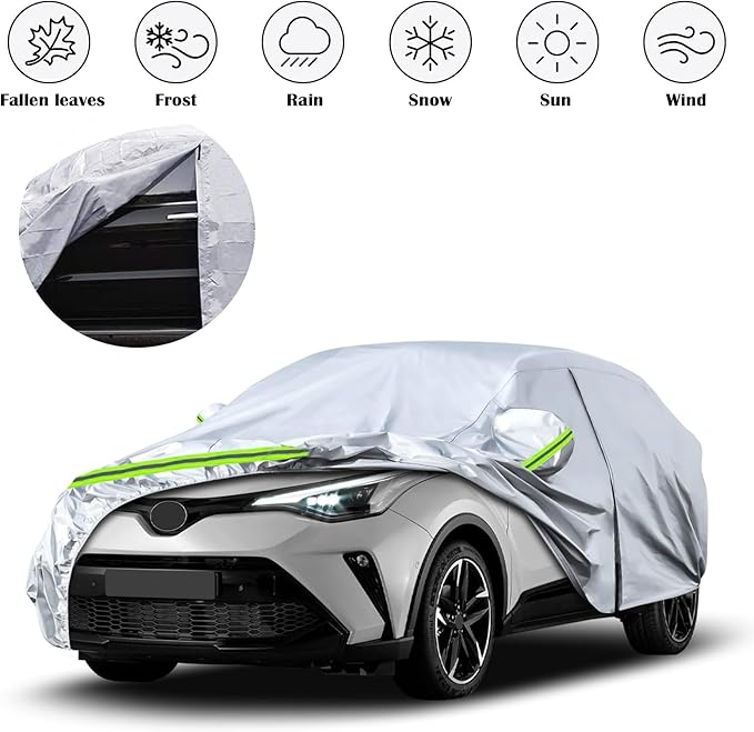 Waterproof Car Covers Replace for 2018-2024 Toyota C-HR, 6 Layers Silver All Weather Car Cover with Zipper Door & Windproof Bands for Snow Rain Dust Hail Protection