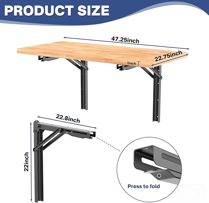 WALMANN Space Saving Wall Mounted Folding Workbench, Heavy Duty Folding Wall Table/Desk for Garage, Workshop, Holds Up to 550 lbs(Tabletop Size: 47.25 x 22.75inch)