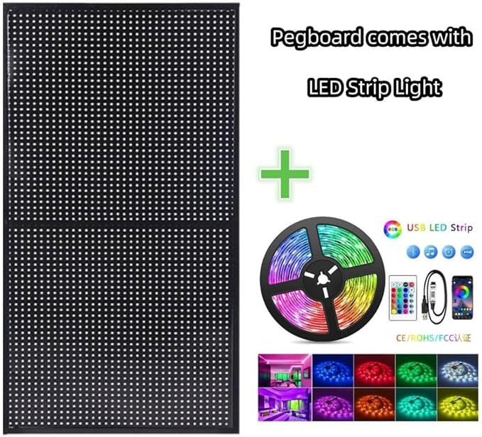 Peg Board with RGB+IC LED Strip Lights,2PCS Metal Pegboard Panels,Heavy Duty Pegboard Gaming Room Wall Organizer with Hooks,DIY RGB Gaming Setup Organizer Peg Board Wall Mounted 12 * 24”