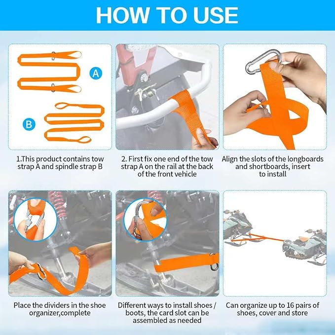 19 Ft Long Snowmobile Tow Straps Snowmobile Accessories with 2 Locking Carabiners Clips, Heavy Duty 4400lbs Break Strength Tow Strap kit for ATV, Skidoo, Ski, Sled