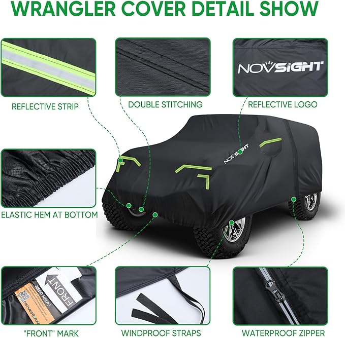 NOVSIGHT Car Cover for Jeep Wrangler 2 Door - Waterproof All Weather Outdoor Cover (2007–2025 JK JL), Windproof with Straps, 210D Oxford Fabric, Reflective Strips