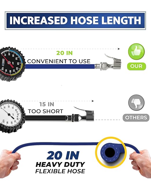 GERCHWAY Tire Inflator with Pressure Gauge and Longer Hose - Most Accurate, Heavy Duty Air Chuck with Gauge for Air Compressor Tire Inflator Attachment - 100PSI