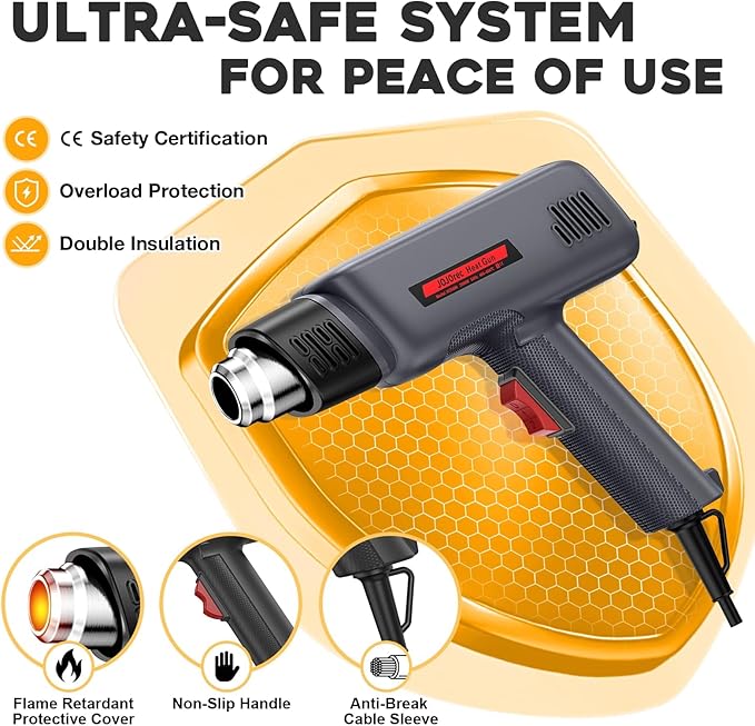 Heat Gun, 1800W Professional Hot Air Gun 400℃ & 600℃ Dual-Temperature Settings, Overload Protection, Double Heating Wire Fast Heating, 6 Accessories for Paint Stripping, Crafts (Black)