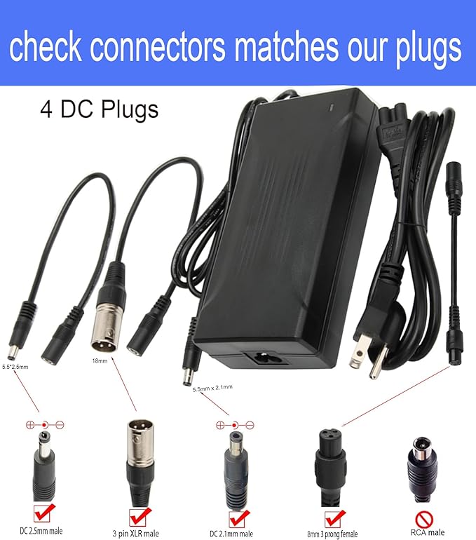54.6V 3A Charger for 48V 13S Lithium Li-ion Battery Pack, 48 Volt Universal Battery Charger with 3 pin XLR Connector, 5.5 * 2.5mm, 5.5 * 2.1mm Male Plug, 8mm 3 Prong Female Plug