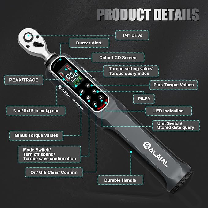Digital Torque Wrench 0.4-22.1 Ft.Lb/0.5-30 Nm, 1/4 Drive Dual Direction Rachet Torque Wrench with Vibration, Buzzer and LED Alert, Electronic Torque Wrench for Bike Motorcycle Car Repair